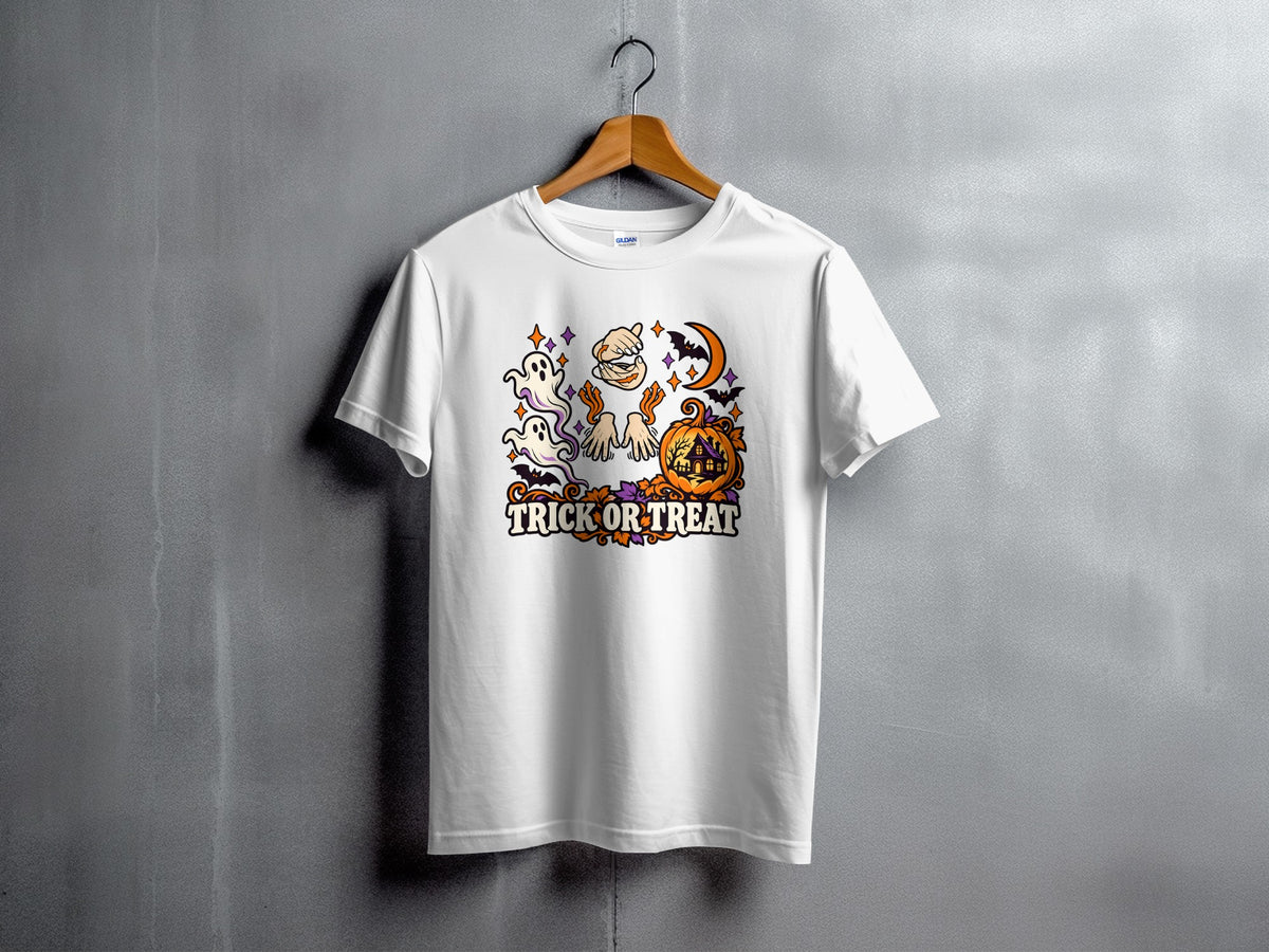 White t-shirt with "Trick or Treat" Halloween graphic featuring ghosts and pumpkin.