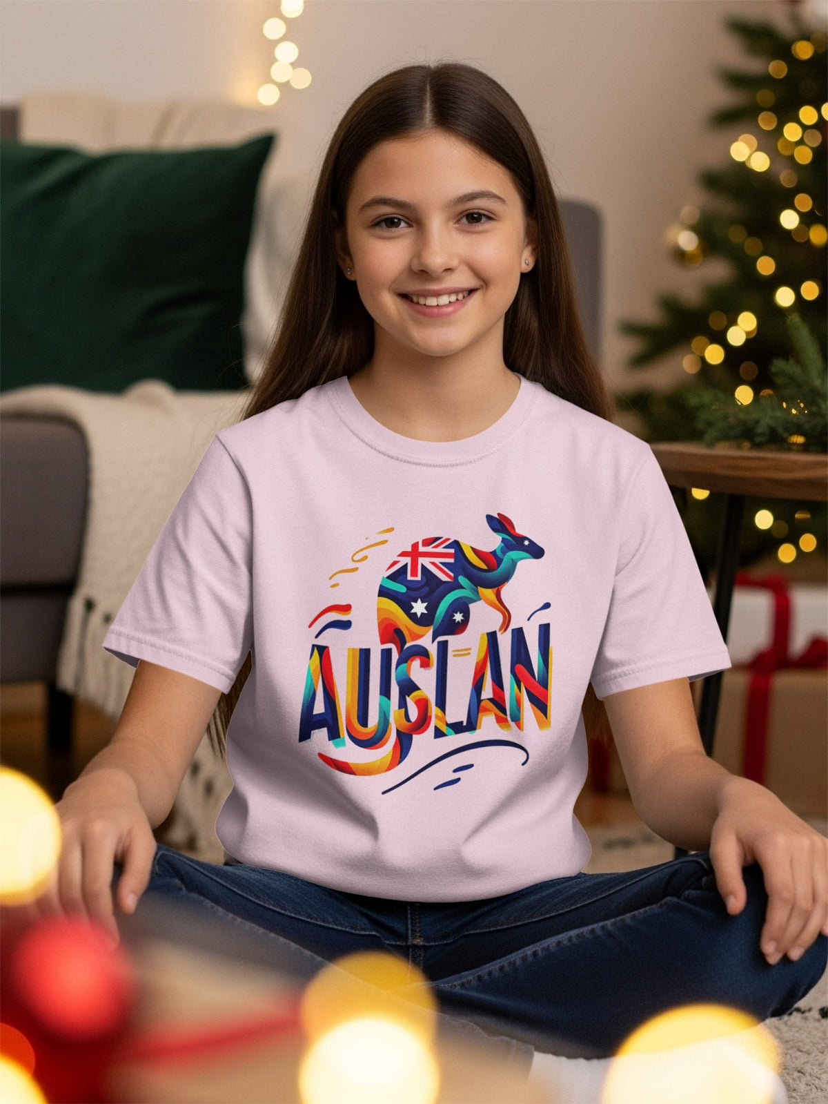 Girl in a white t-shirt with colorful Australian kangaroo and "AUSLAN" text.