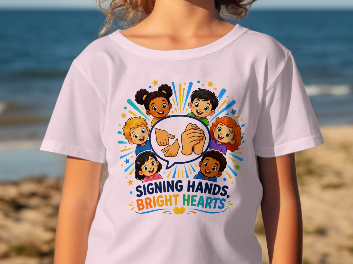 Children's t-shirt with "Signing Hands, Bright Hearts" text and diverse children around sign language graphic.
