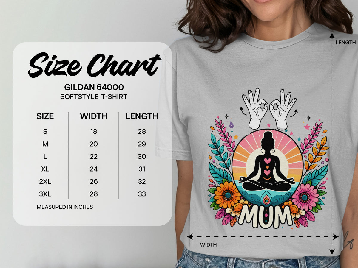 Gildan 64000 softstyle t-shirt size chart with width and length measurements in inches.