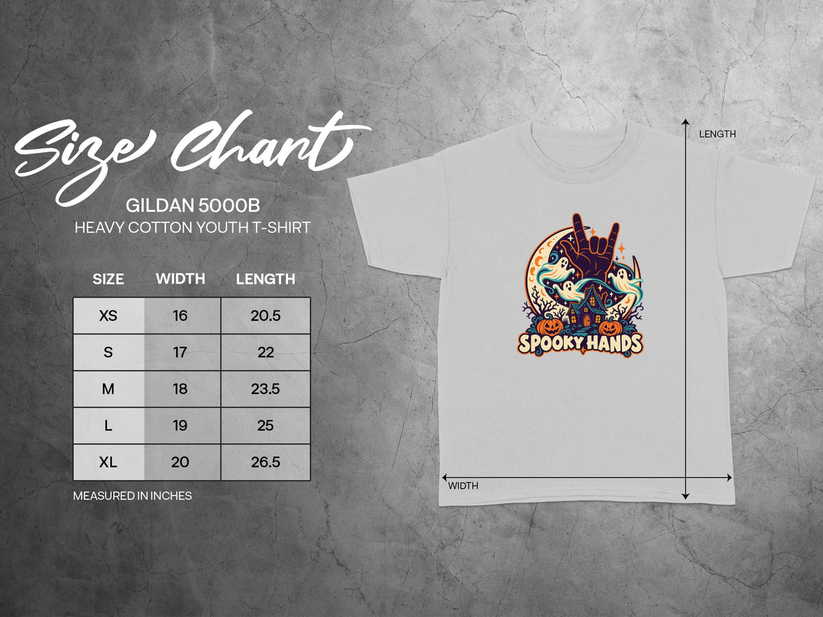 Gildan 5000B youth t-shirt size chart with width and length measurements.