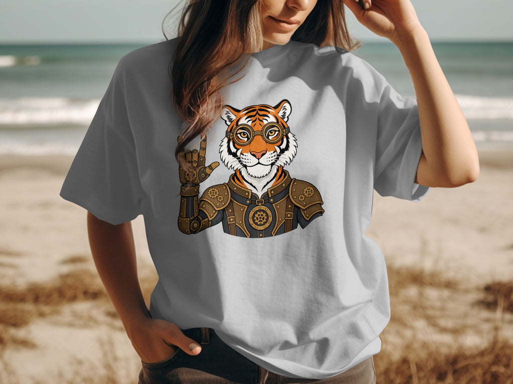Steampunk tiger wearing goggles and armor, making rock on hand gesture.