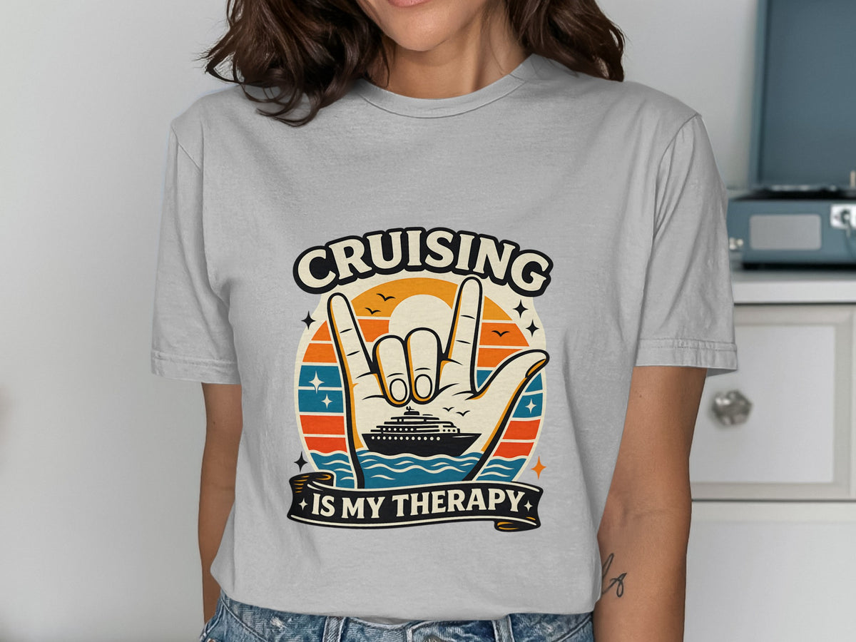 Graphic t-shirt with "Cruising is My Therapy" text and cruise ship graphic.