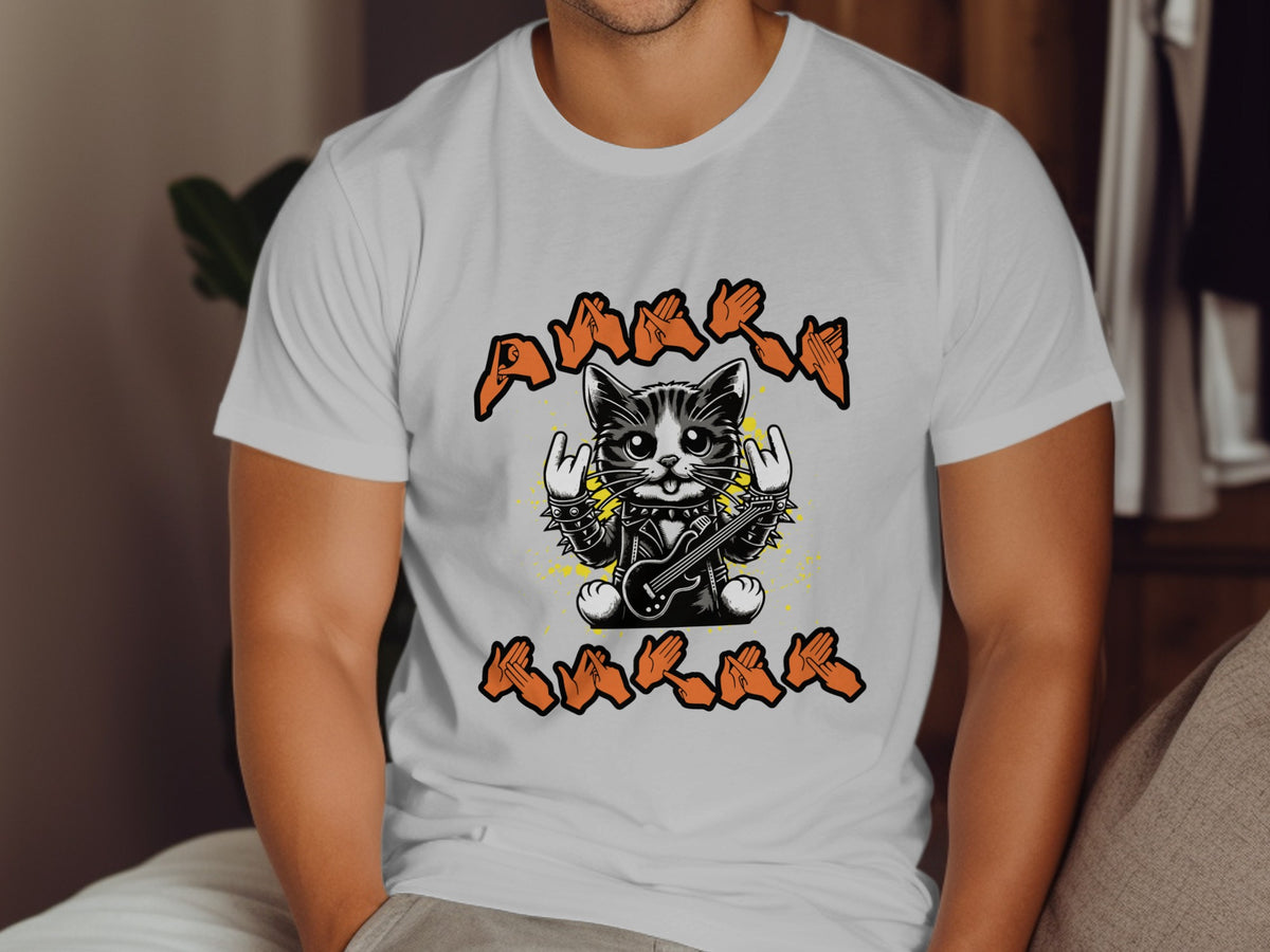 Tuxedo cat in rockstar gear playing guitar, with hands making "rock on" sign and text.