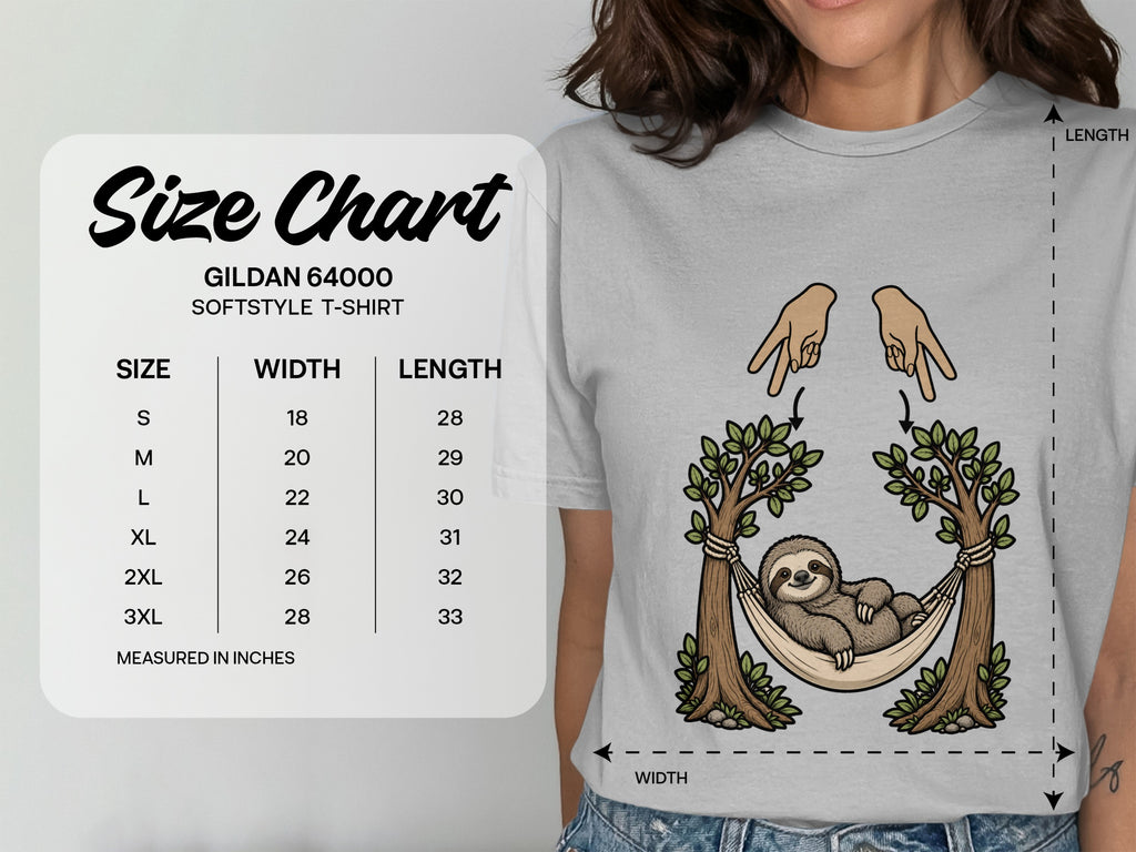 Gildan 64000 Softstyle T-shirt size chart with width and length measurements in inches.