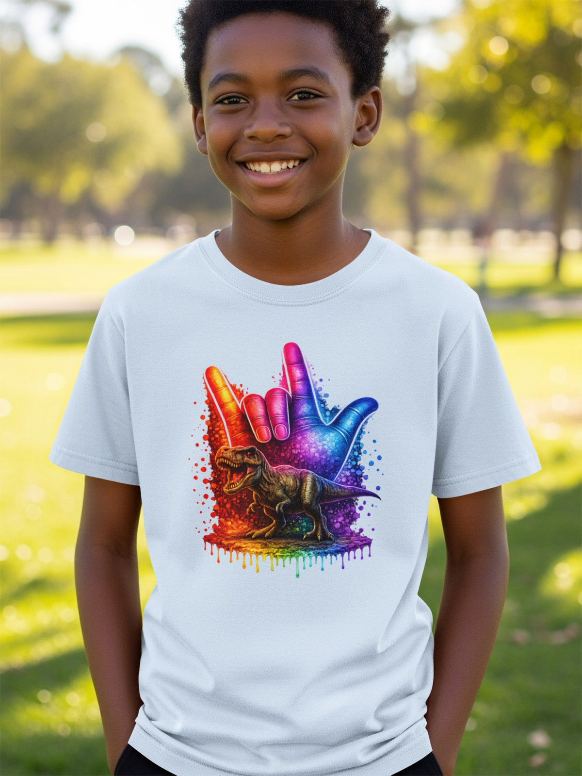 Boy wearing a white t-shirt with a dinosaur and a rainbow hand sign graphic.