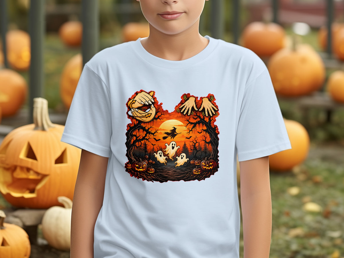 Halloween t-shirt with spooky forest scene, ghosts, witch, and pumpkins.