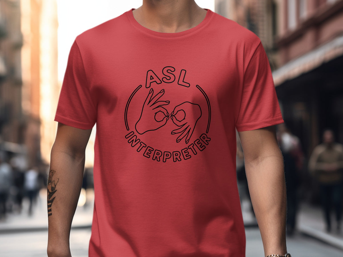 Red t-shirt with "ASL Interpreter" text and sign language hand graphic.