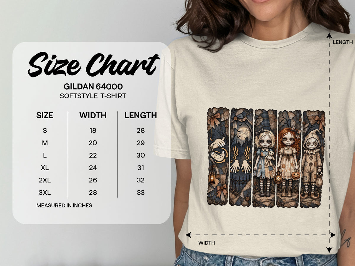 Gildan 64000 Softstyle t-shirt size chart with measurements in inches.