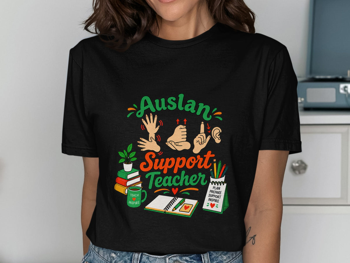 Auslan Support Teacher graphic with hands signing, books, mug, notebook, and notepad.