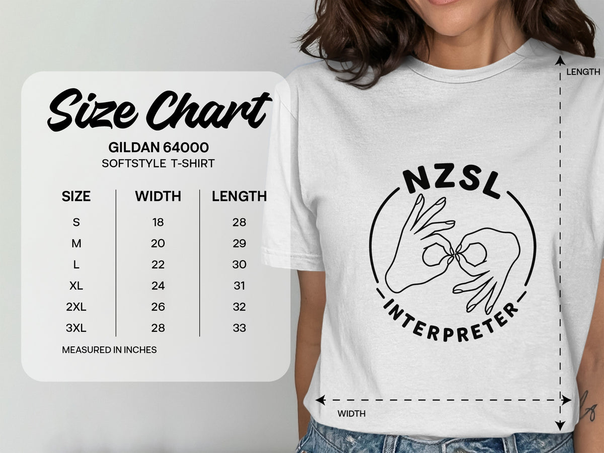 Gildan 64000 softstyle t-shirt size chart with width and length measurements in inches.