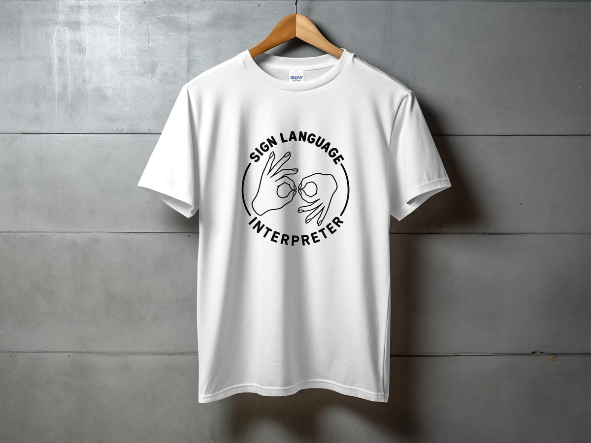White t-shirt with black text and graphics reading "Sign Language Interpreter".