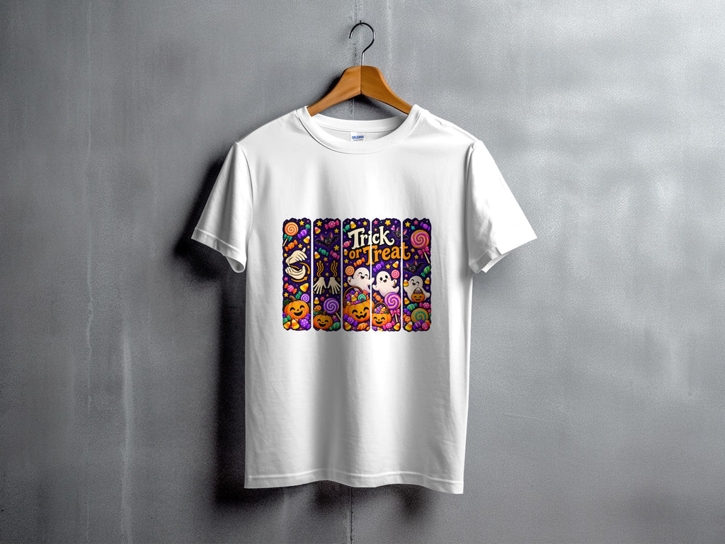 White t-shirt with Halloween candy, pumpkins, ghosts, and text "Trick or Treat".