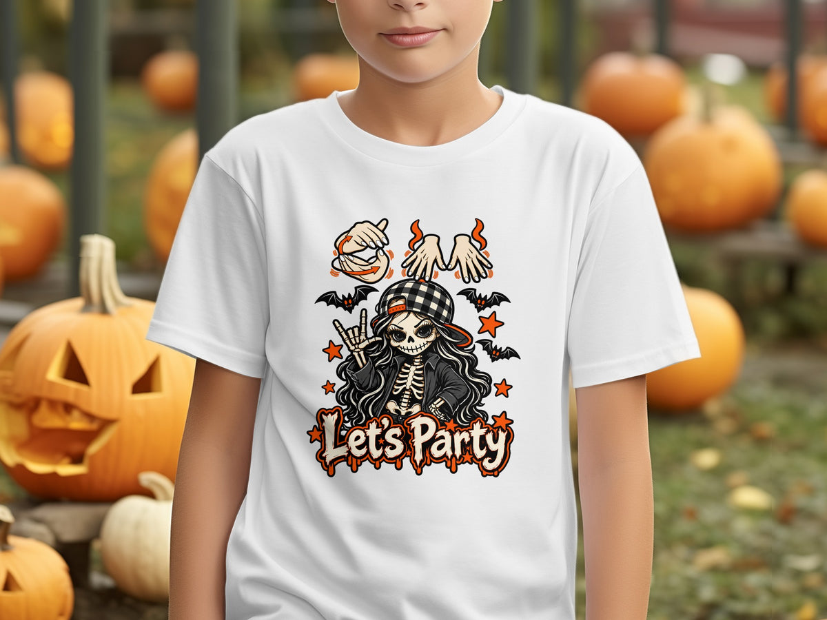 White t-shirt with skeleton graphic and "Let's Party" text, featuring bats and pumpkins.