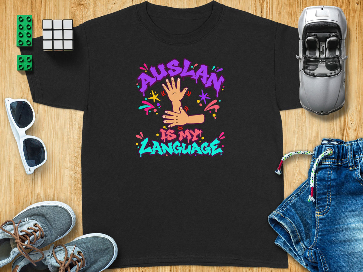 Black t-shirt with "Auslan is My Language" graphic and hands signing.