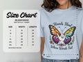 Light blue t-shirt with "Hands Heal Where Words Fail" butterfly graphic and size chart.