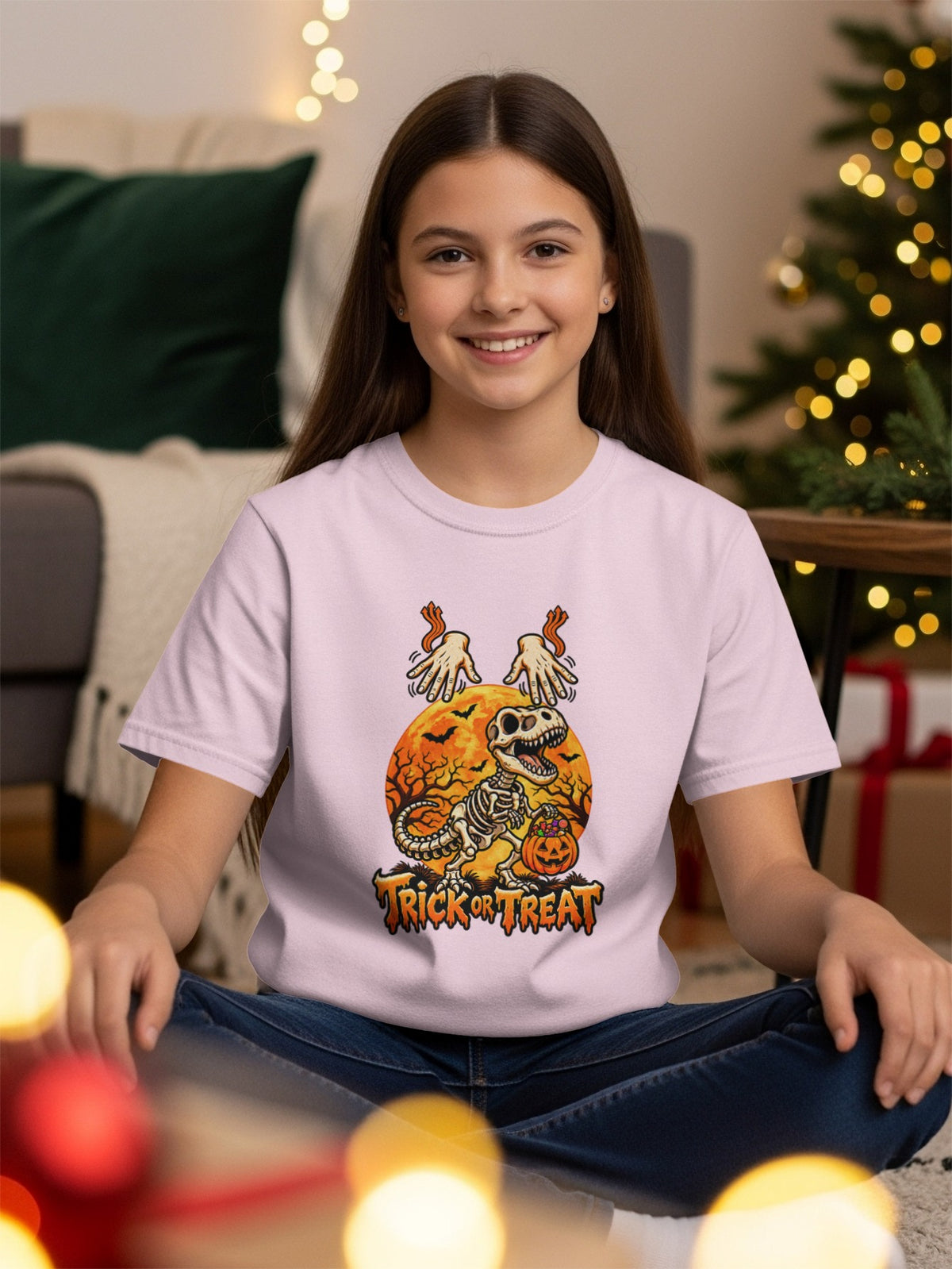 Girl in light pink t-shirt with skeleton dinosaur, pumpkin, and "Trick or Treat" text.