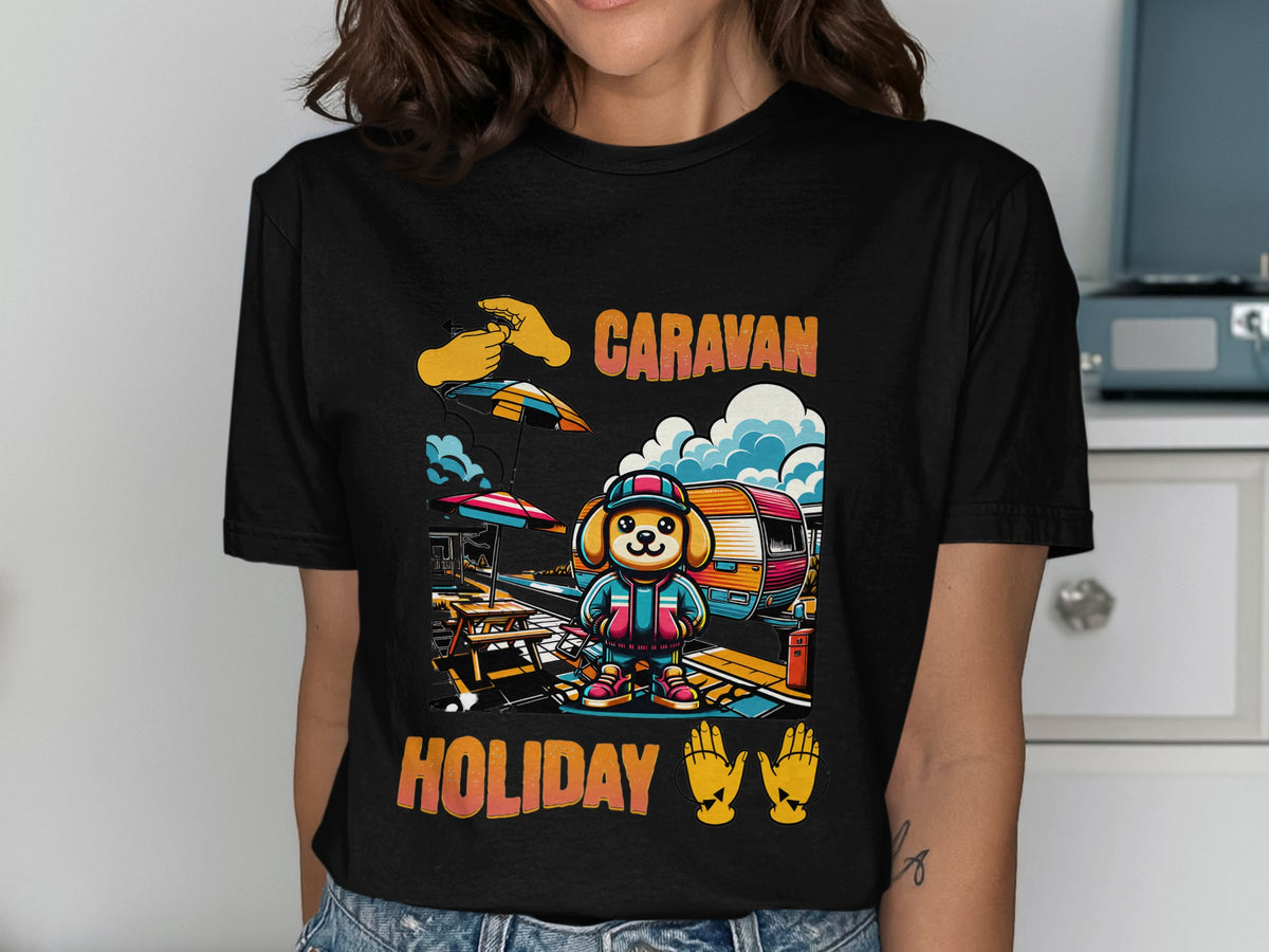 "Caravan Holiday" text with cartoon dog, caravan, picnic table, and umbrella graphic.