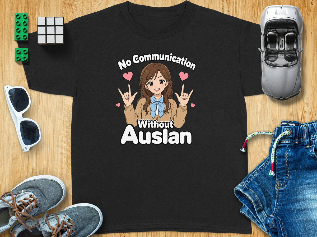 Black t-shirt with anime girl graphic saying "No Communication Without Auslan".