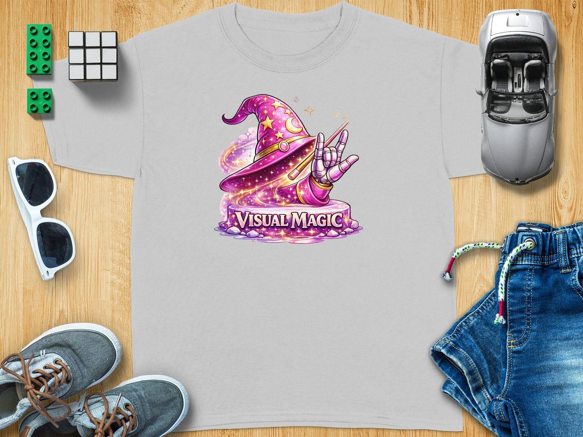 T-shirt with a purple wizard hat, robotic hand, and text "VISUAL MAGIC."