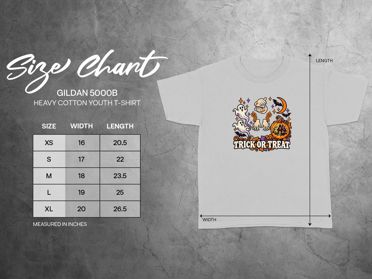 Gildan 5000B youth t-shirt size chart with measurements in inches.
