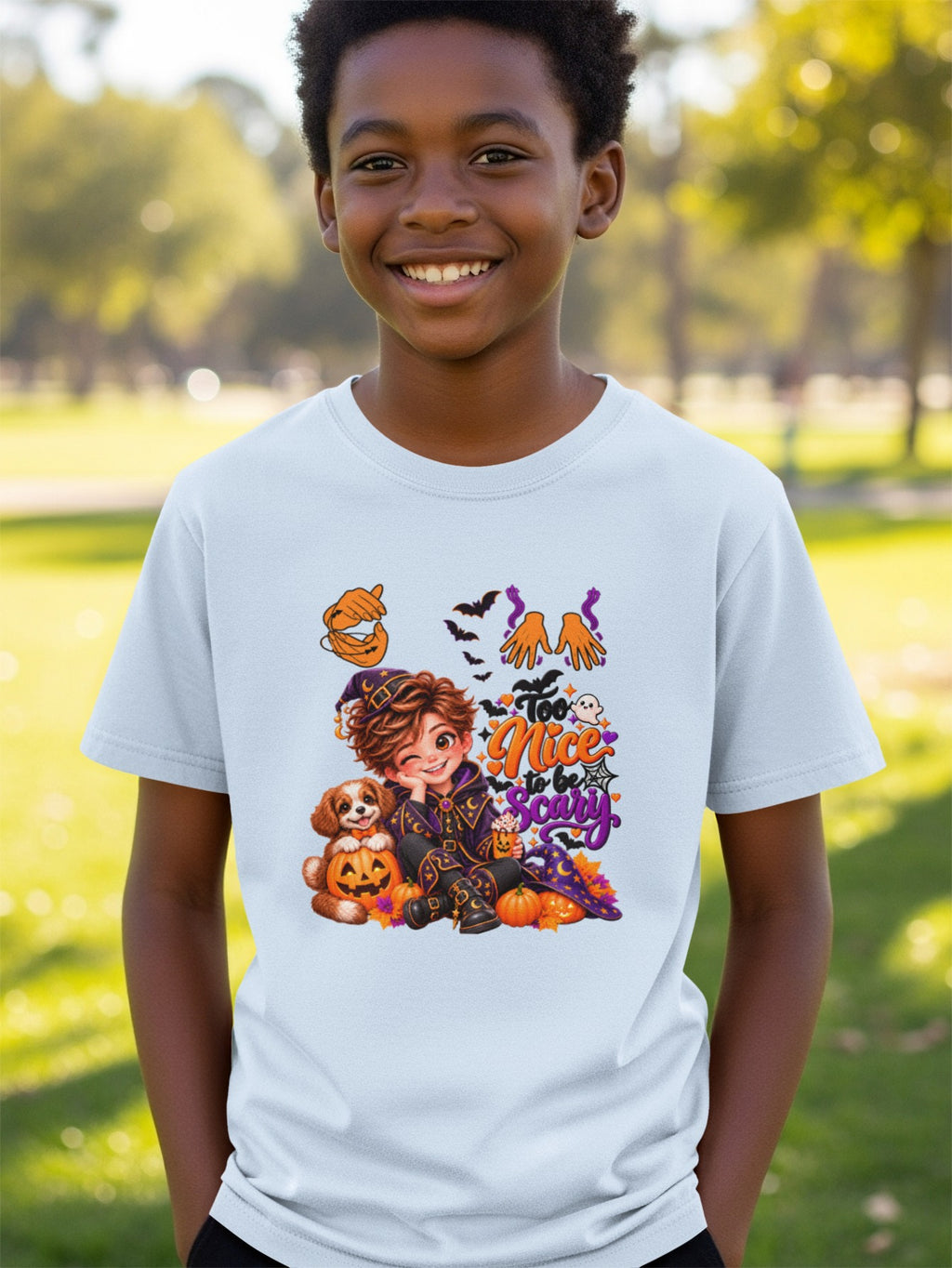 Light blue t-shirt with a Halloween graphic of a witchy boy, dog, pumpkins, and bats.