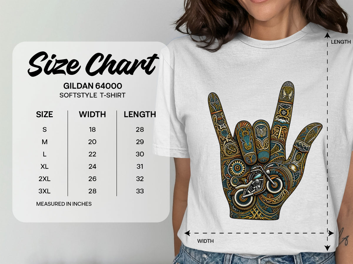 Gildan 64000 Softstyle T-shirt size chart with width and length measurements in inches.