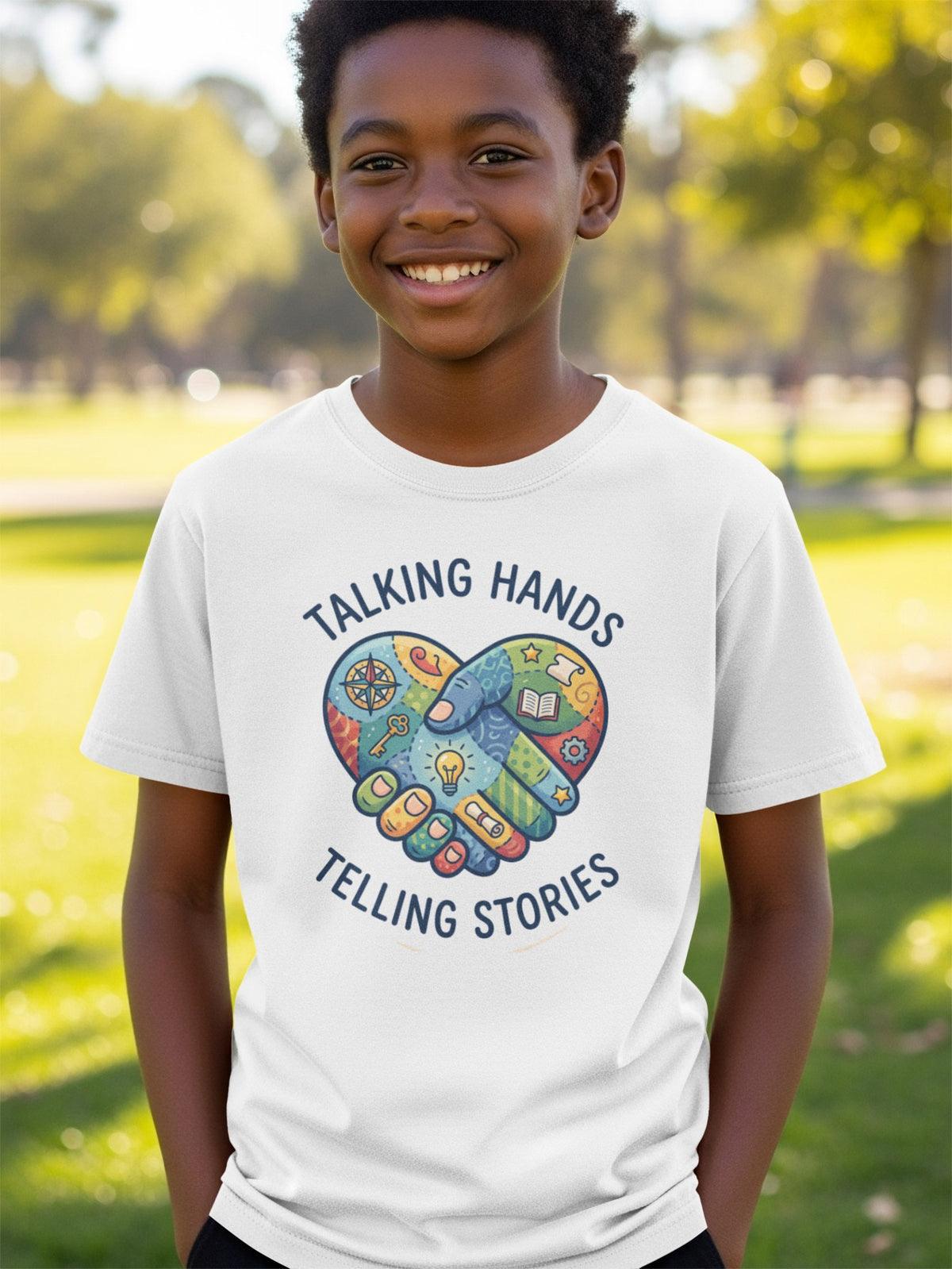 White t-shirt with heart-shaped handshake design and "Talking Hands Telling Stories" text.
