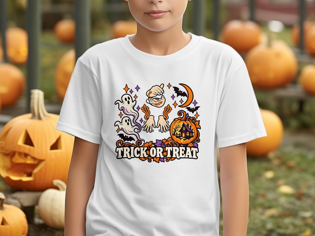 White t-shirt with "Trick or Treat" Halloween graphic featuring ghosts, bats, and pumpkins.