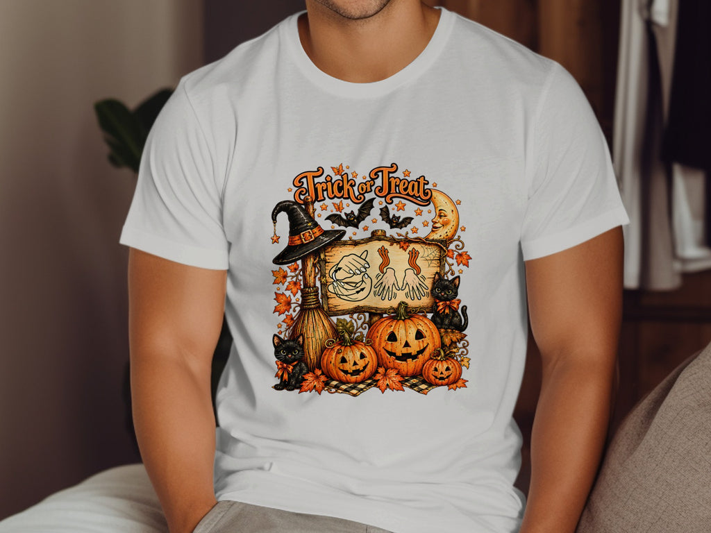 Halloween t-shirt design with "Trick or Treat," pumpkins, bats, black cats, and a witch's hat.