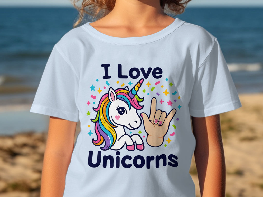 Light blue t-shirt with "I Love Unicorns" and a unicorn with ASL sign language hand.
