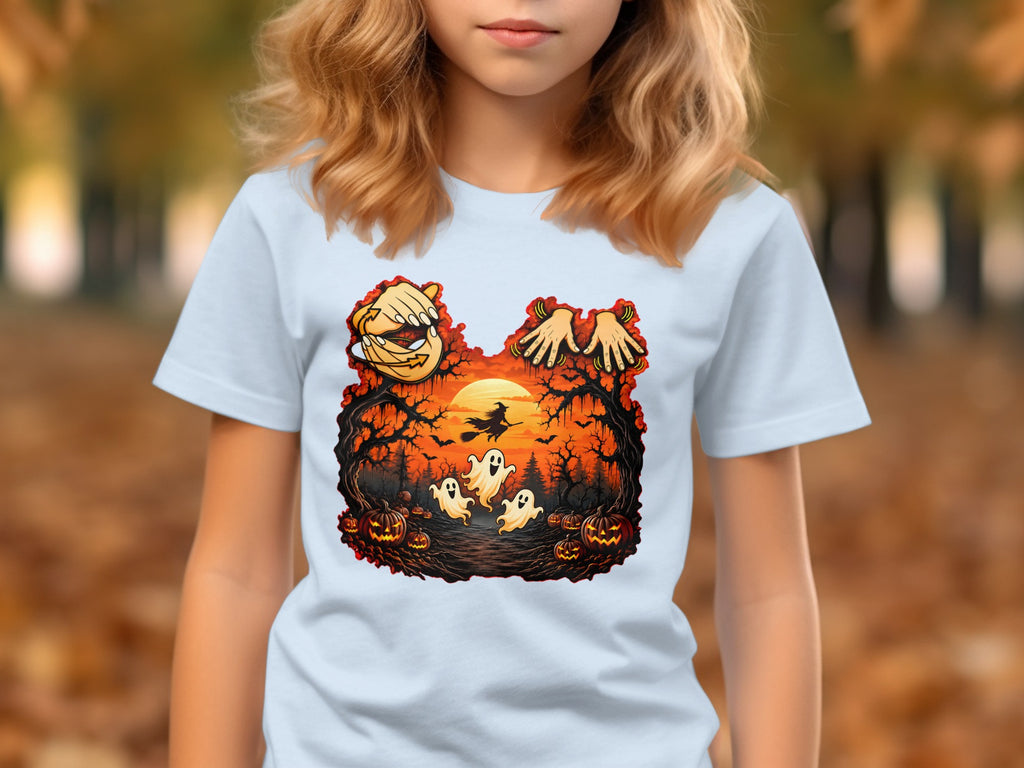Halloween graphic on a white t-shirt featuring ghosts, pumpkins, a witch, and bats.