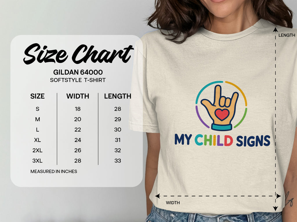 Size chart for Gildan 64000 softstyle t-shirt with width and length measurements.