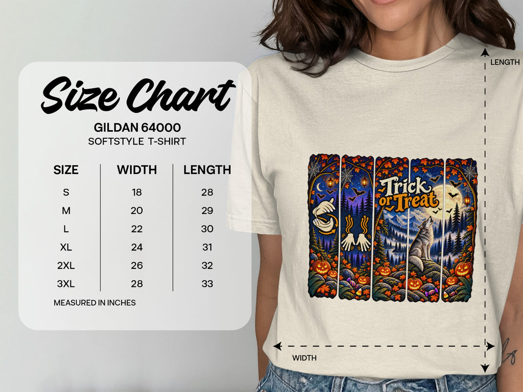 Gildan 64000 softstyle t-shirt size chart with measurements in inches.