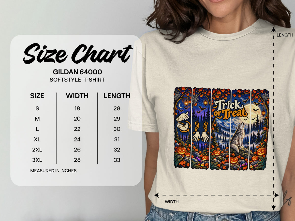 Gildan 64000 softstyle t-shirt size chart with measurements in inches.