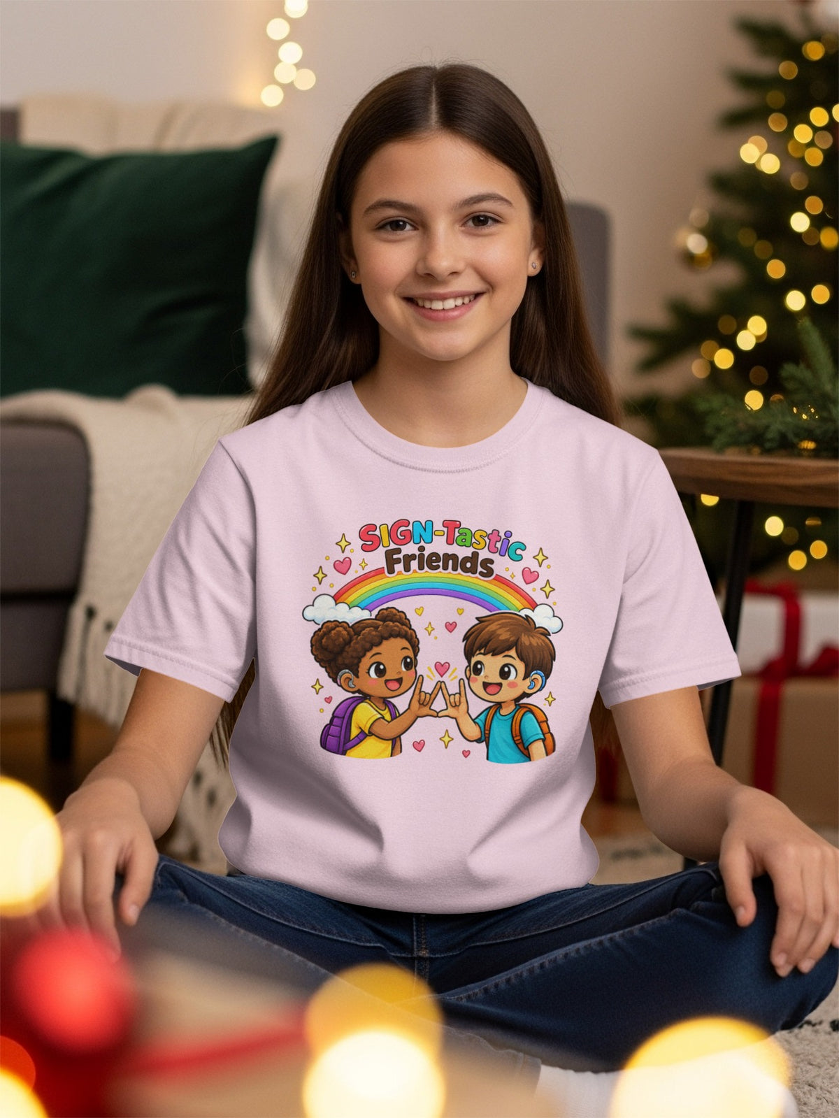 Pink t-shirt with cartoon of two children signing "friends" under a rainbow.