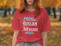 Red t-shirt with "PROUD AUSLAN MUM" text and floral graphic.