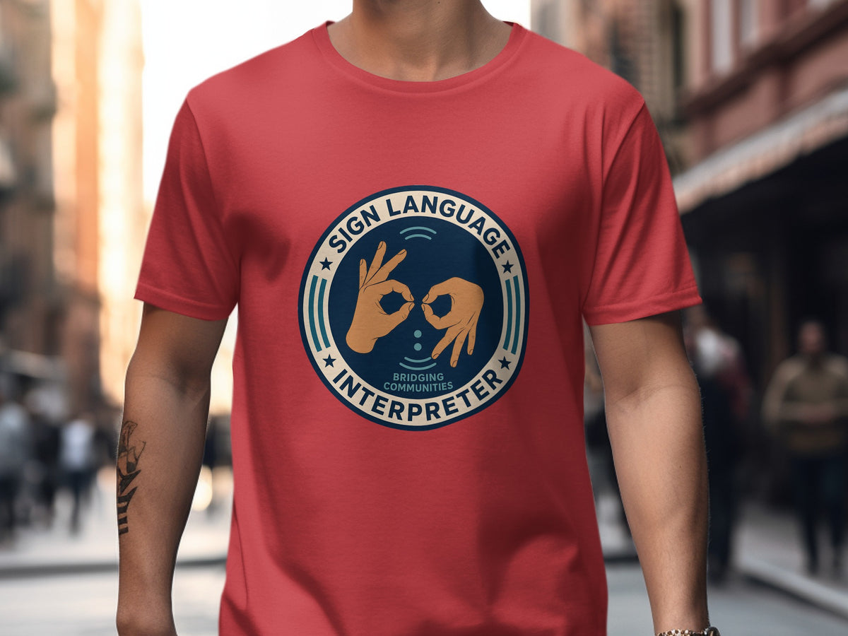 Red t-shirt with "Sign Language Interpreter Bridging Communities" circular logo.