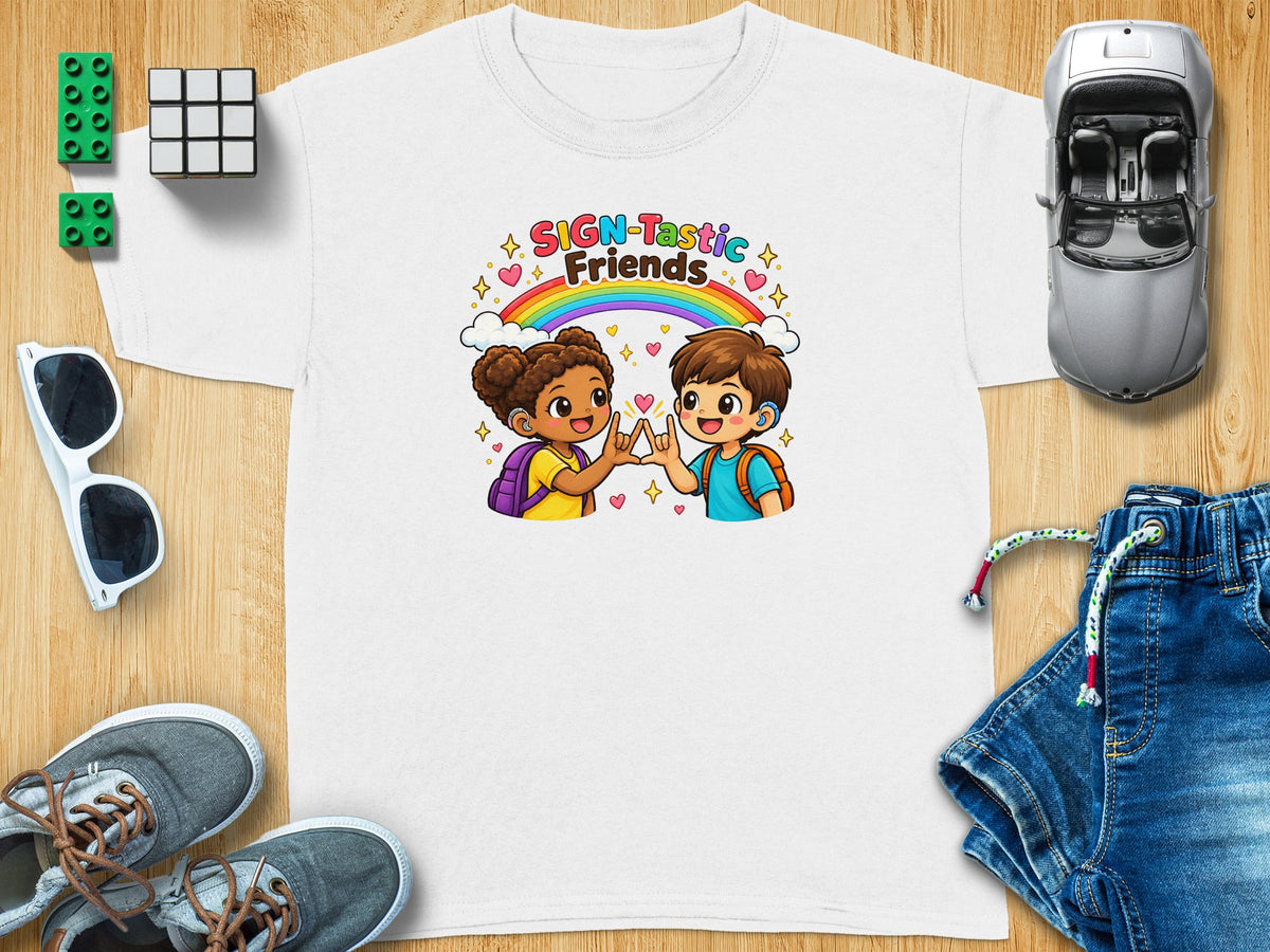 Cartoon children under a rainbow make sign language with text SIGN-Tastic Friends.