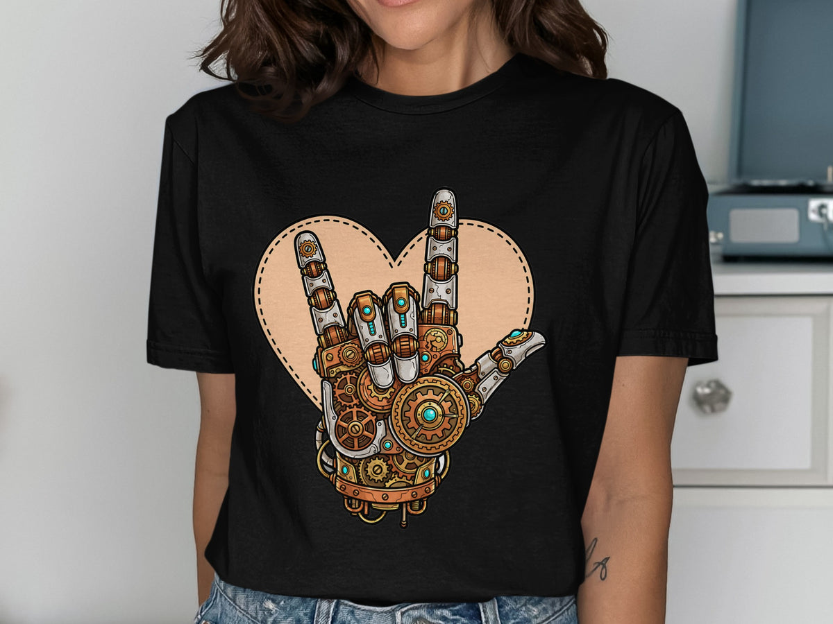 Steampunk mechanical hand making the rock on gesture inside a heart outline.