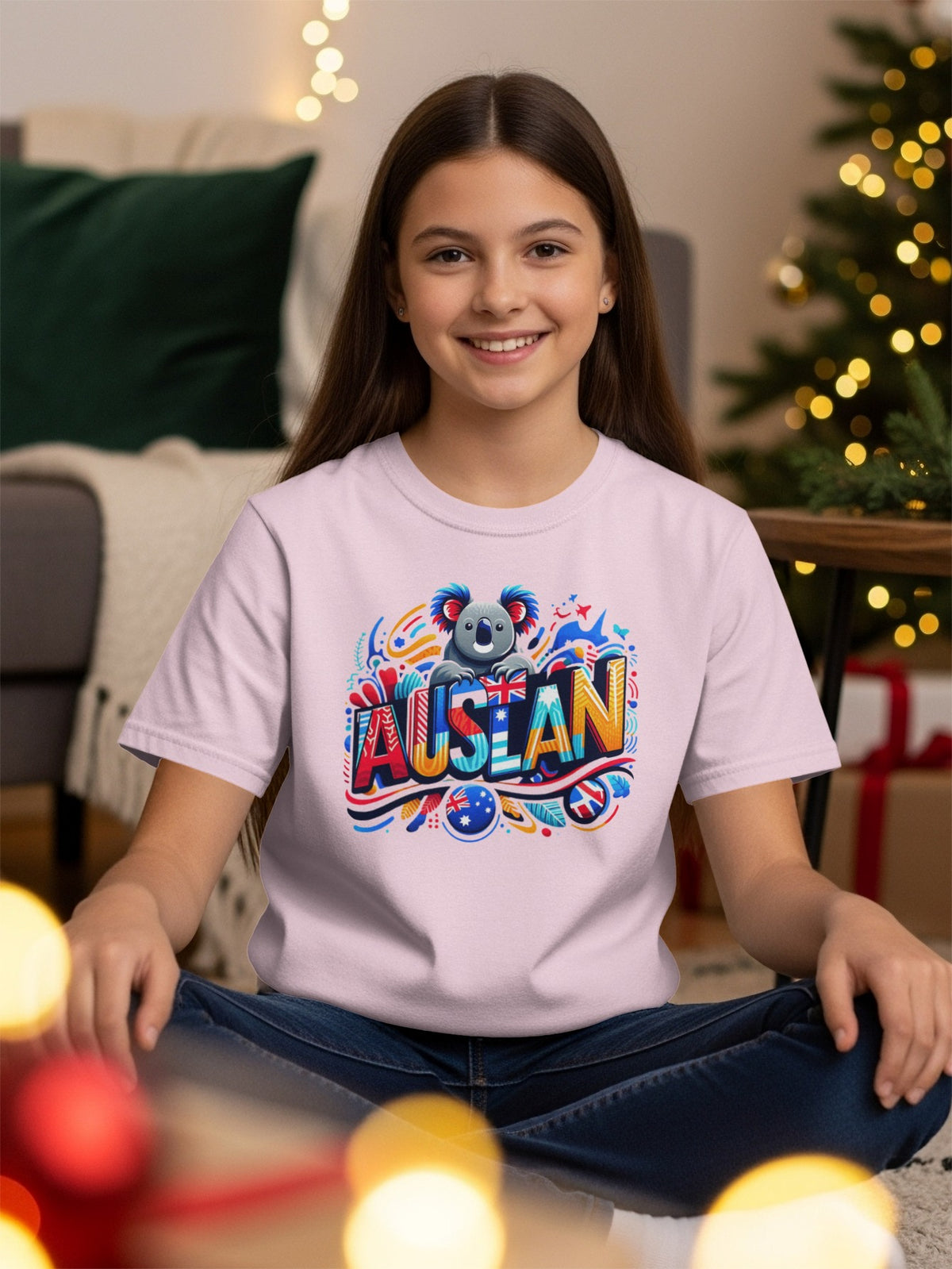 Pink t-shirt with a koala and colorful "AUSTRALIAN" text, flags, and designs.