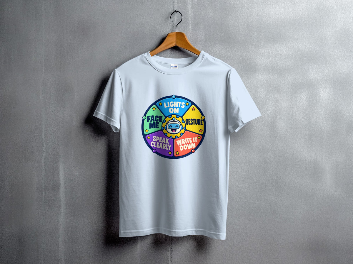 White t-shirt with a colorful wheel graphic featuring a robot and text.