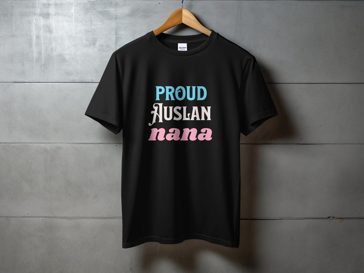 Black t-shirt with "Proud Auslan Nana" text in light blue, white, and pink.
