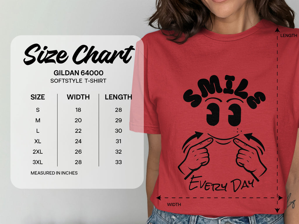 Gildan 64000 Softstyle T-Shirt size chart showing width and length in inches.