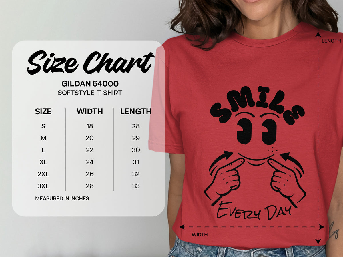 Gildan 64000 Softstyle T-Shirt size chart showing width and length in inches.