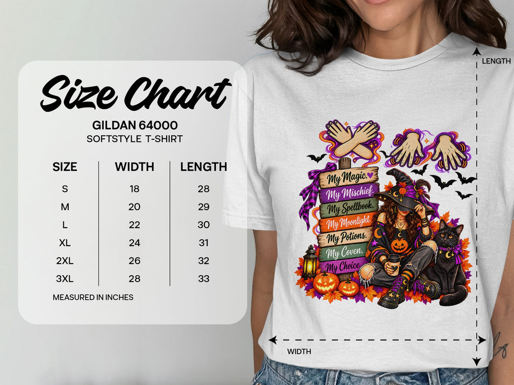 Gildan 64000 softstyle t-shirt size chart with width and length measurements in inches.