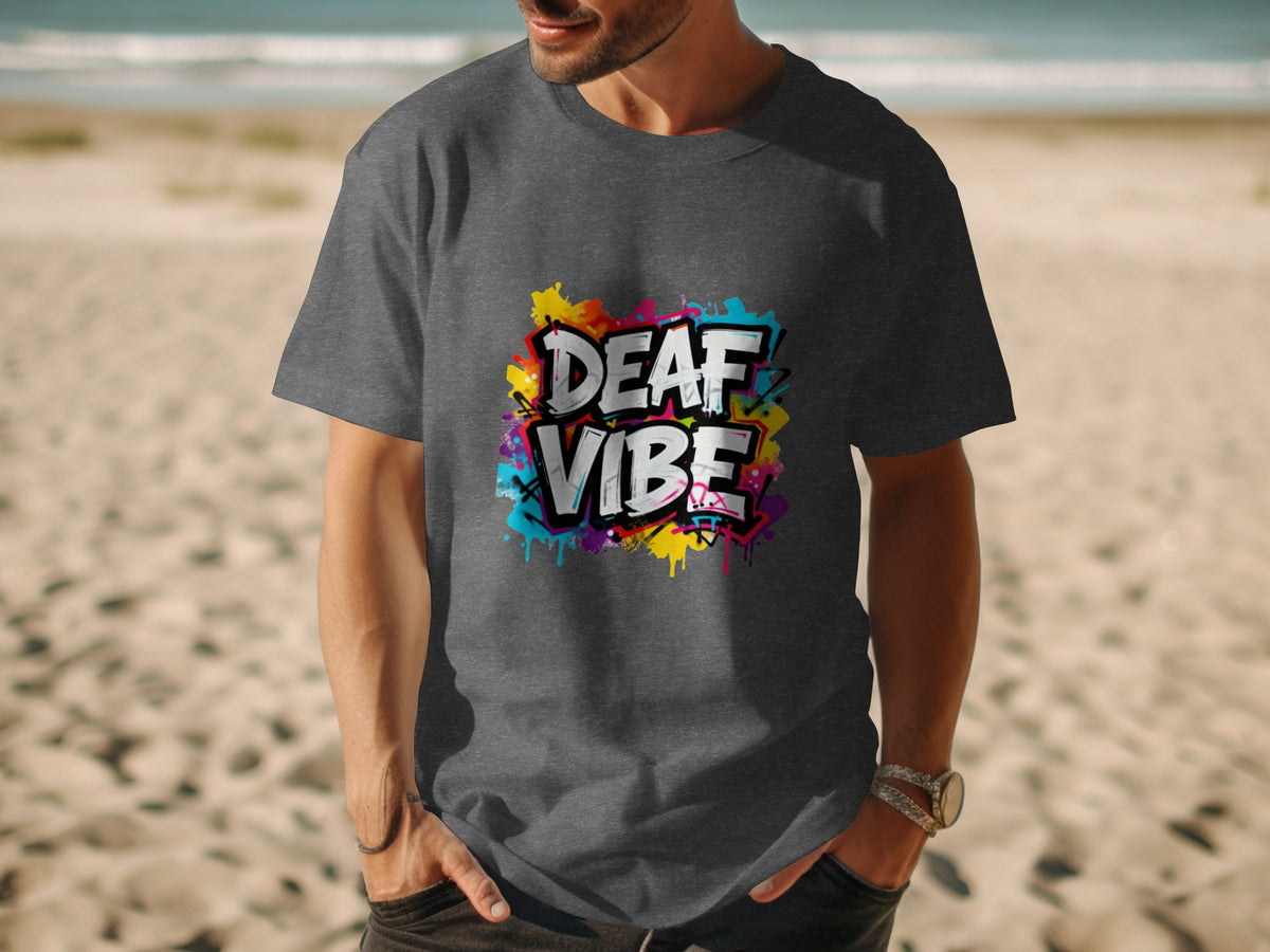 Dark grey t-shirt with graffiti-style "DEAF VIBE" text in colorful spray paint.