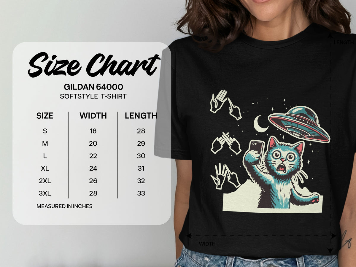Gildan 64000 Softstyle t-shirt size chart with width and length measurements in inches.