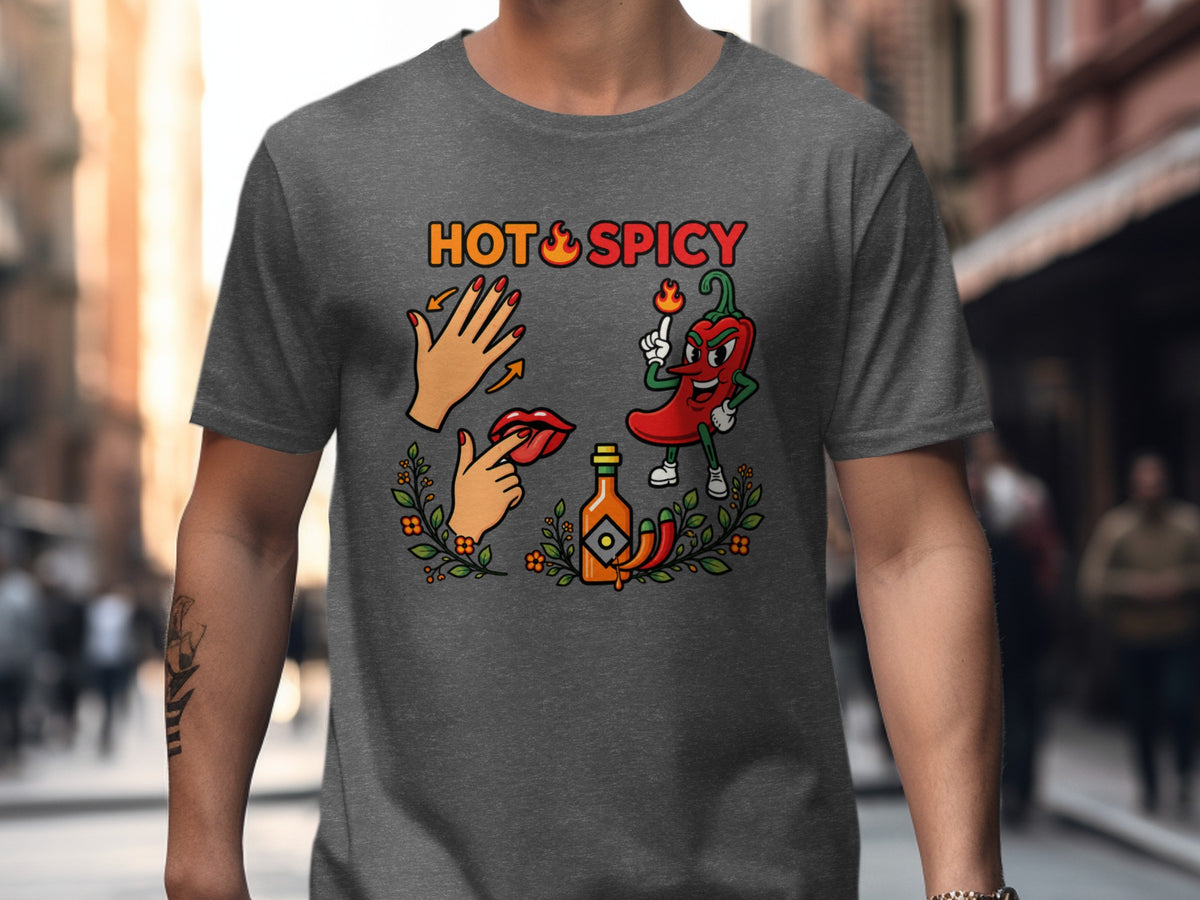 Graphic t-shirt with "Hot & Spicy" text and cartoon chili, lips, and hot sauce.