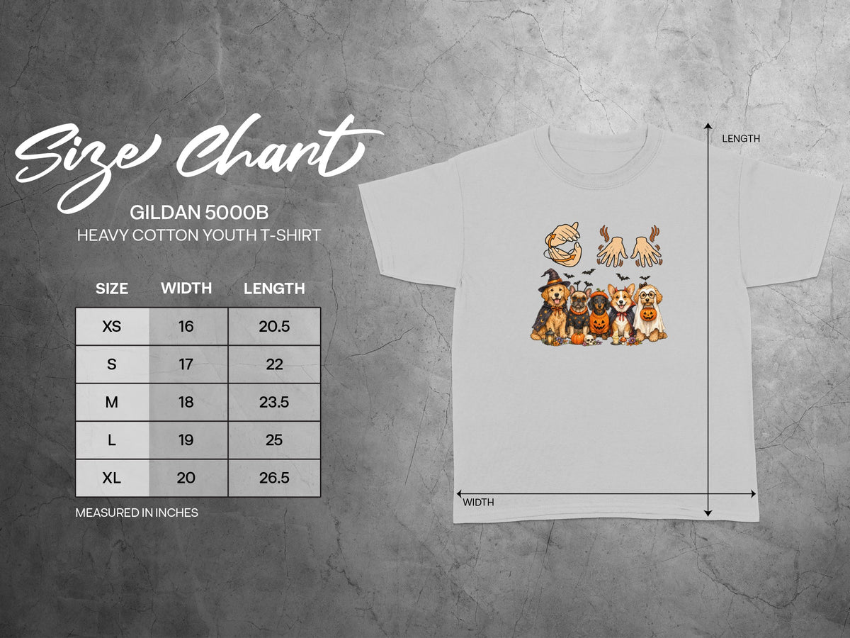 Gildan 5000B youth t-shirt size chart with Halloween dogs graphic.